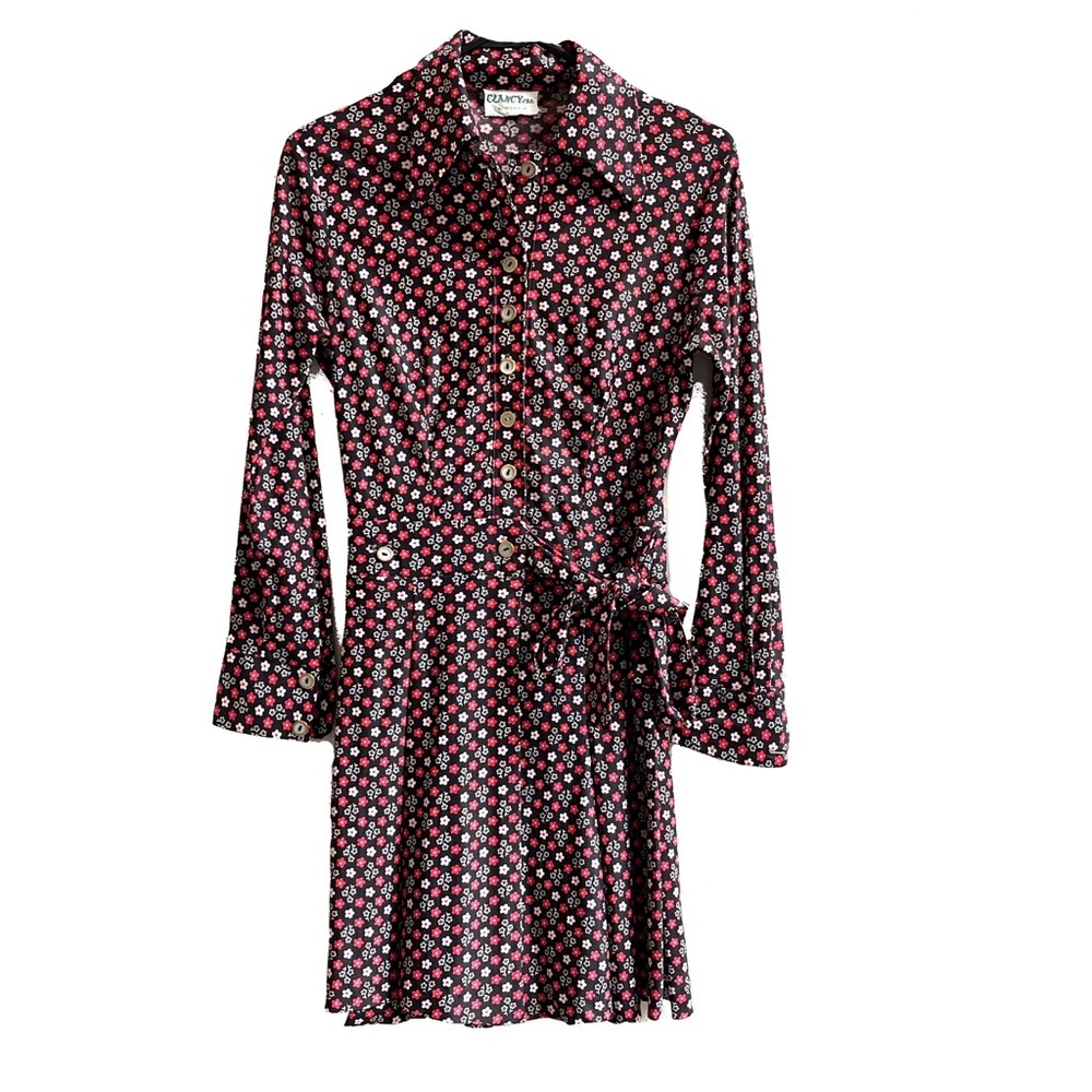 Vintage 70’s Style Red Black Floral Button Up Wrap Dress Preowned Womens Small